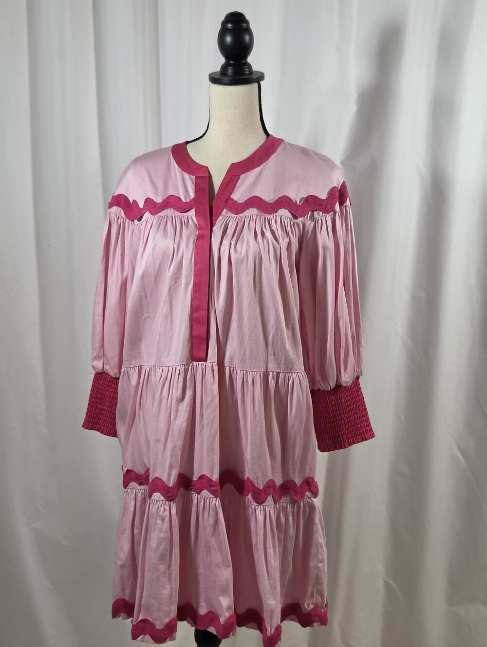 Alden Adair Pink Tiered Smocked Sleeve Babydoll Dress with Hot Pink Trim Size S